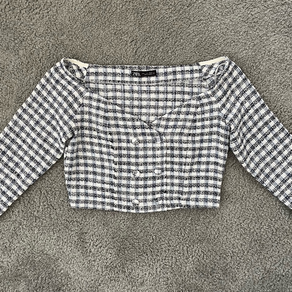 Zara Cropped White and Blue Top Jacket